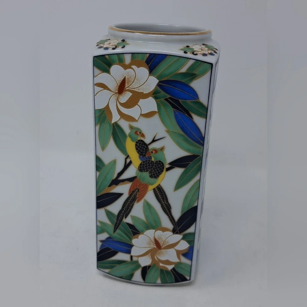 Vintage Takahashi Tropicale Vase Hand Decorated Parrots & Floral Japan 7